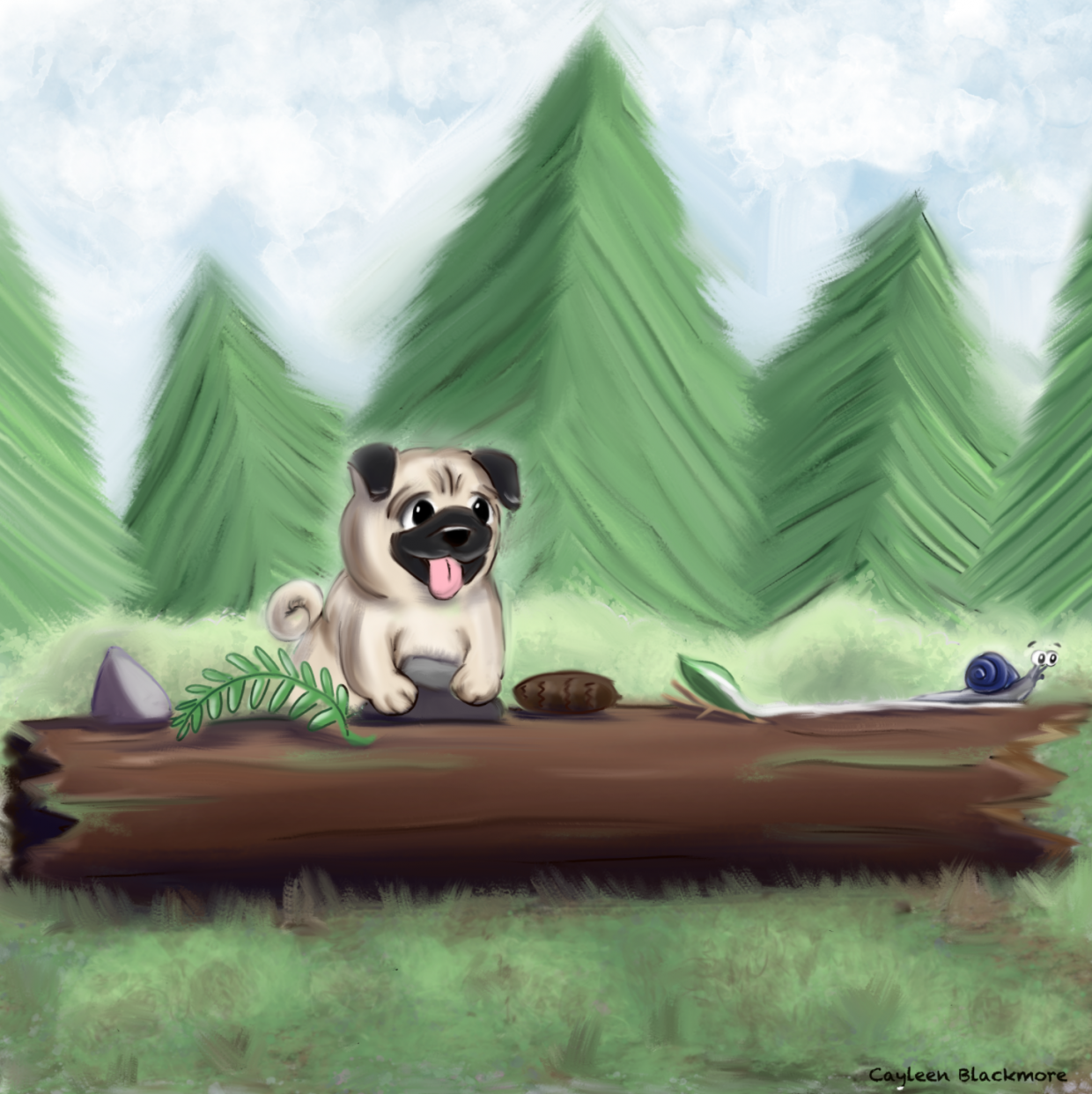 pug dog collecting forest treasures