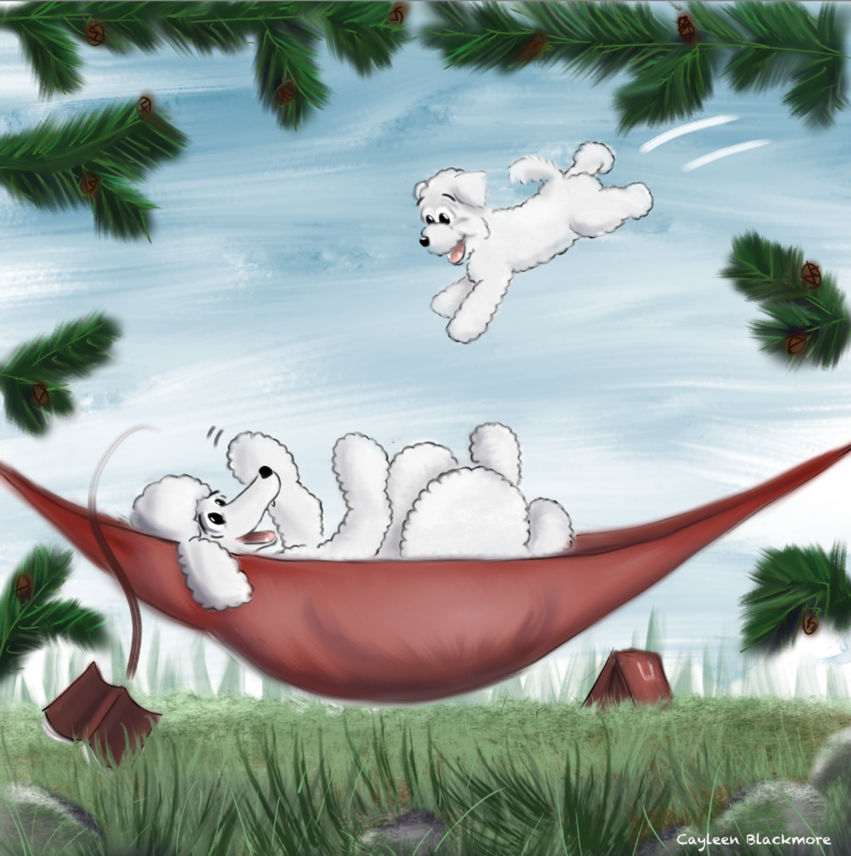 Poodle puppy leaping on parent poodle reading in a hammock