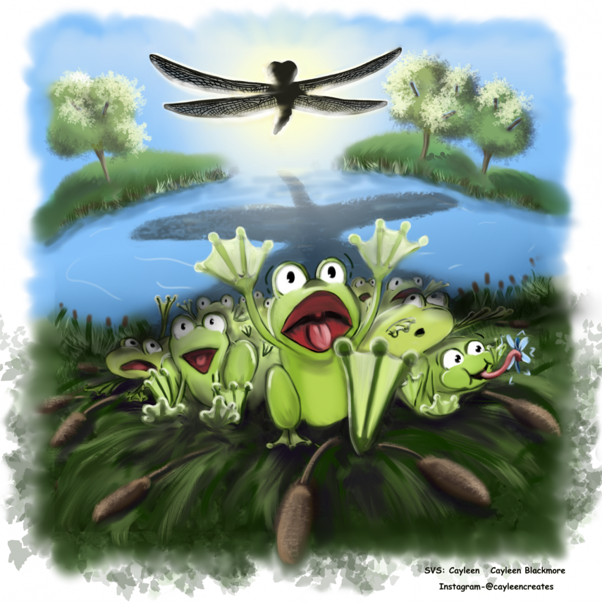 frogs running from giant dragonfly