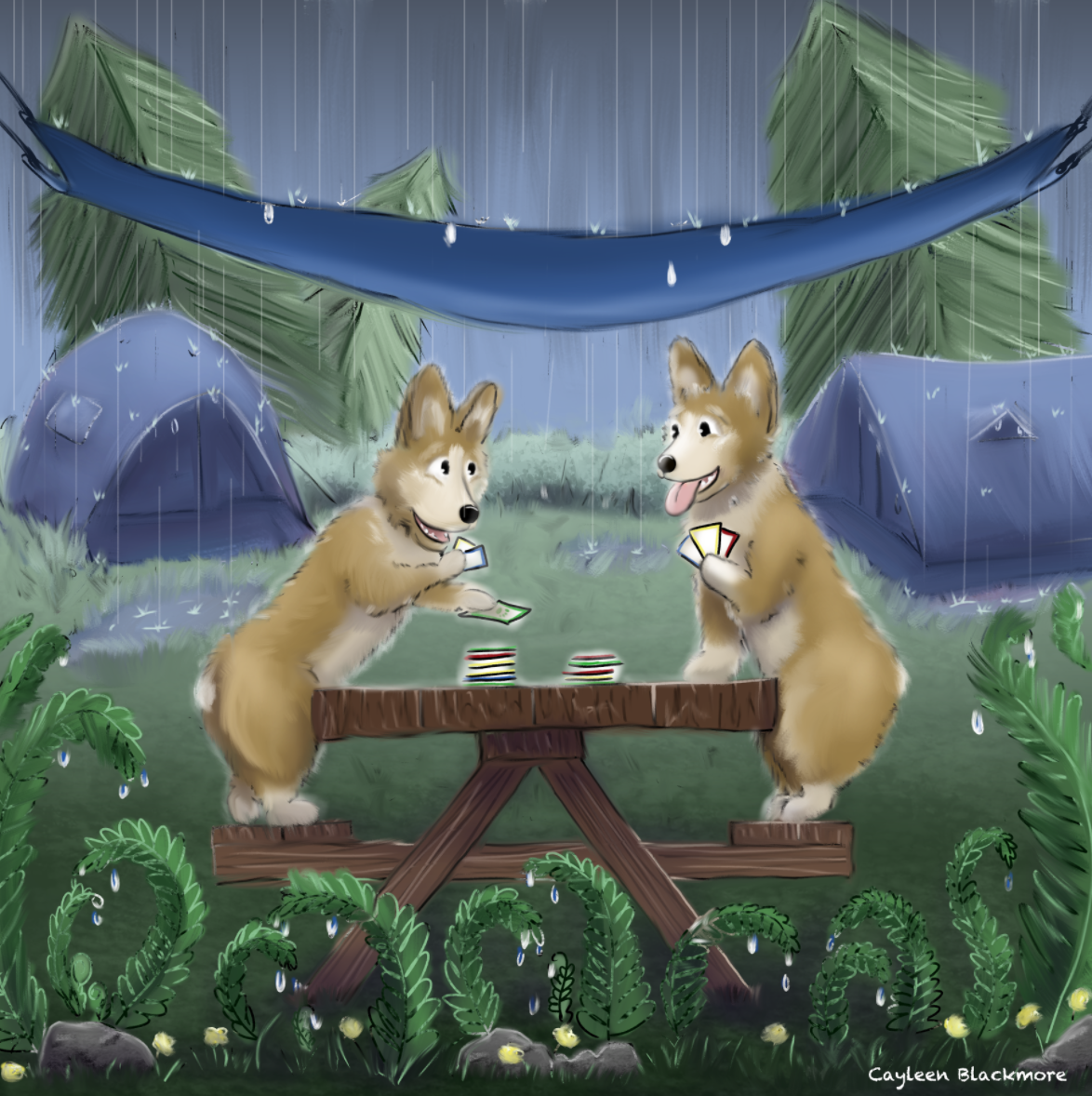 corgis playing card games on a rainy camp day