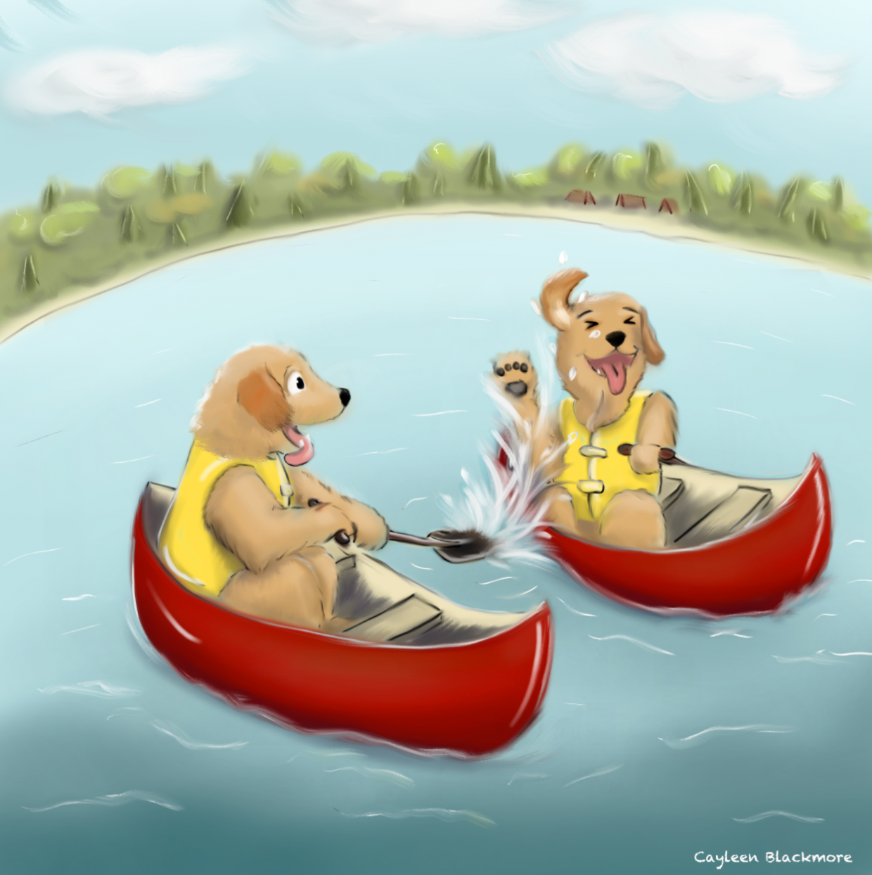 golden retrievers having a water fight while canoeing on a lake