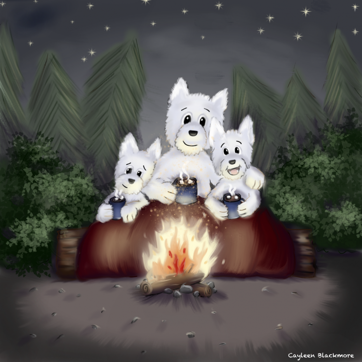 westhighland terriers sipping hot cocoa by the fire
