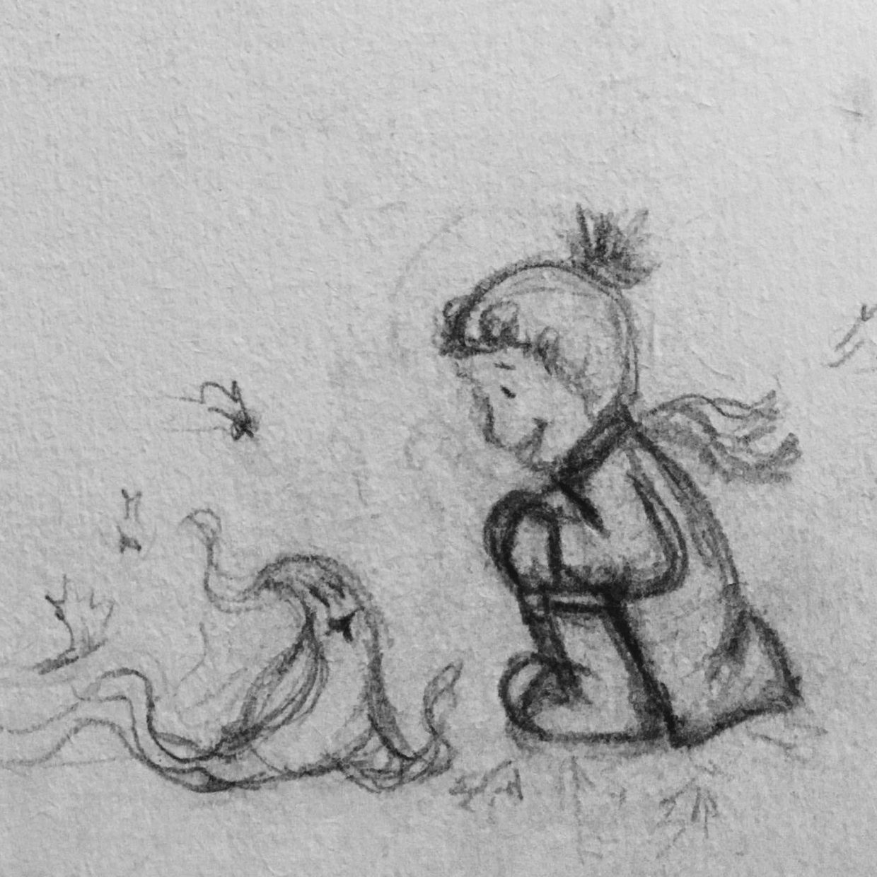 Inktober prompt sketch tiny fall wisp greeting a little kid