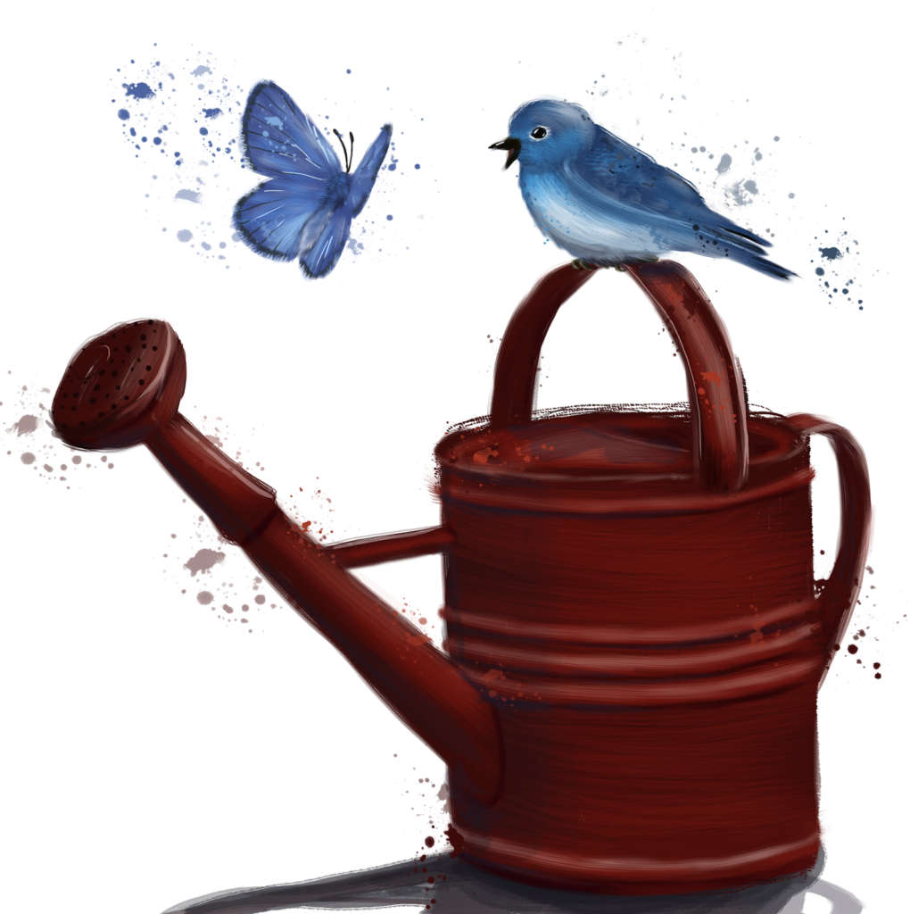 blue bird on a red watering can