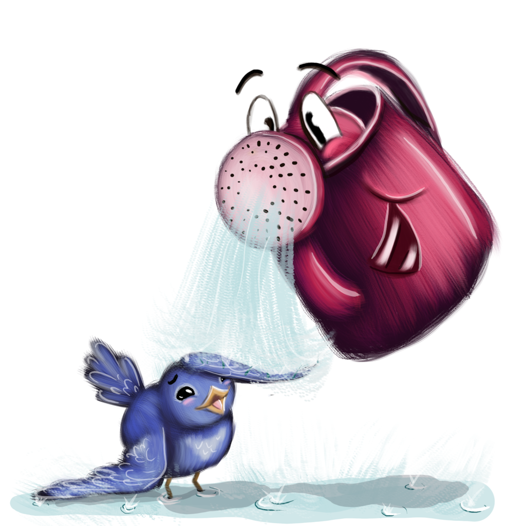 Blue bird splashing in the water of a pink watering can