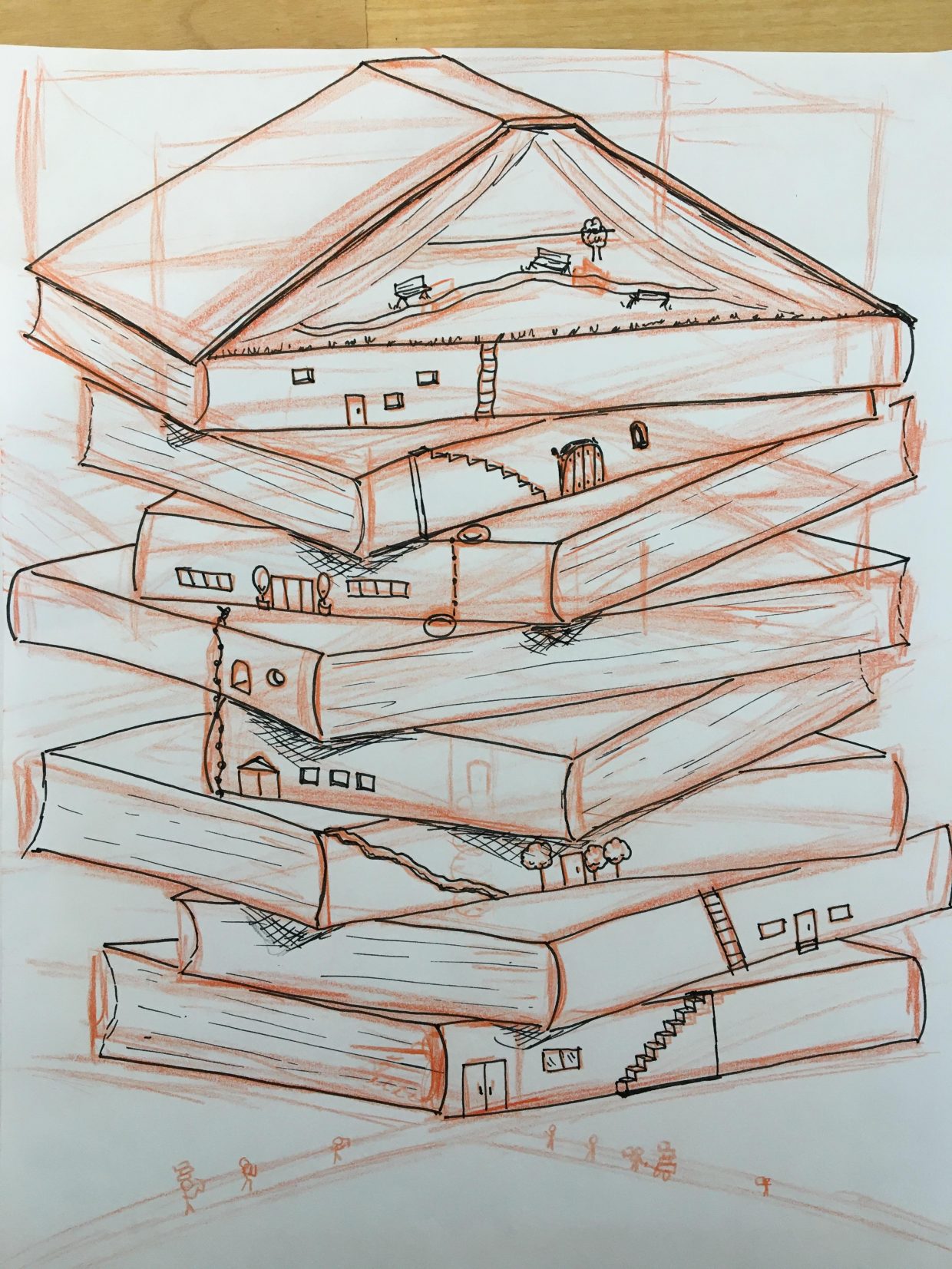 A sketch of a book tower turned into apartments