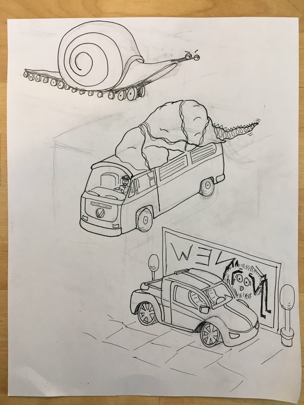 Snail car, VW dinosaur bus, spider hot rod