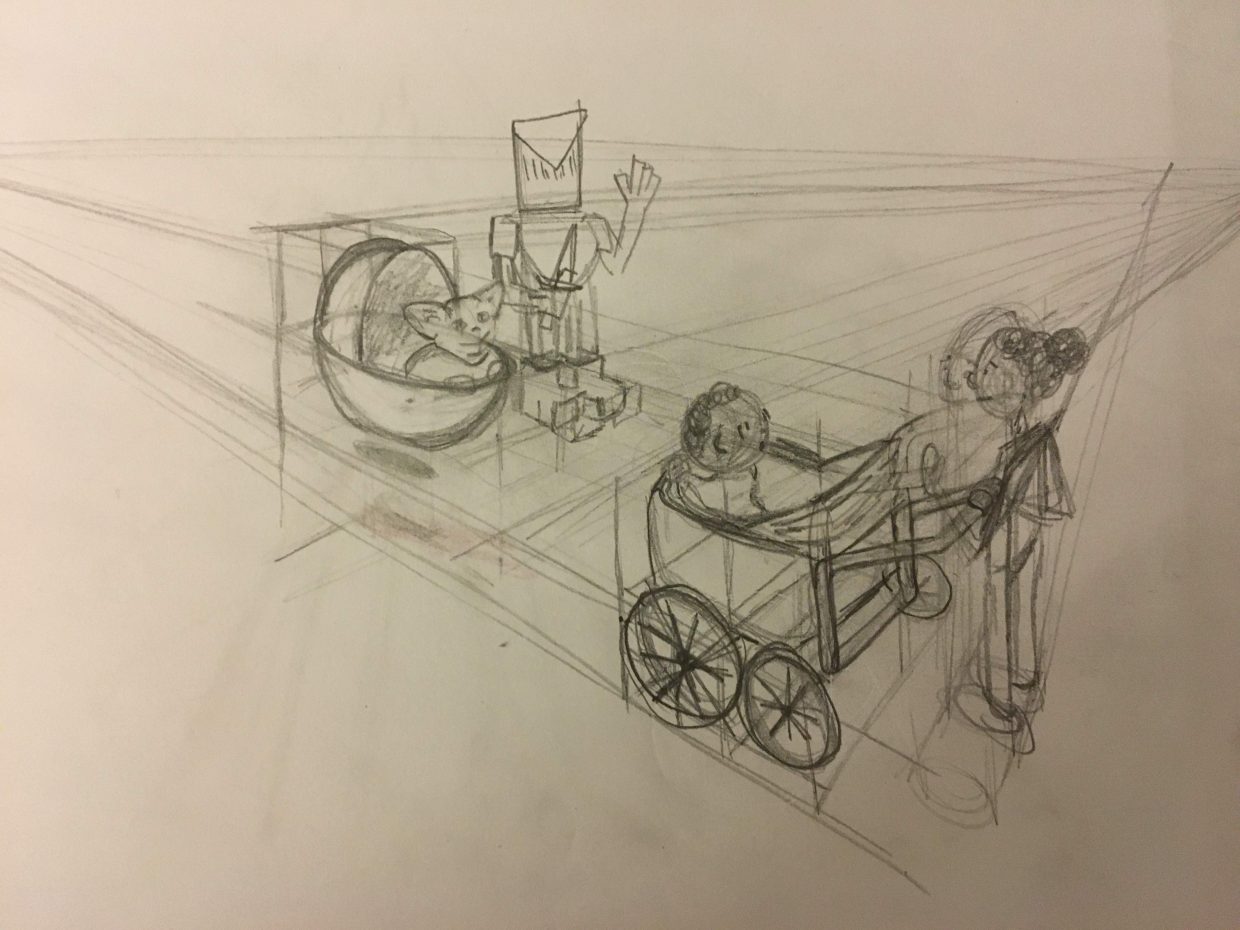 Sketch of baby yoda in pod and human baby in carriage