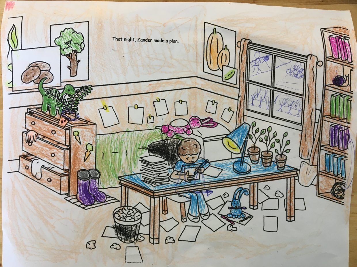 Simple line drawing of boys room, coloured by a 5 year old.