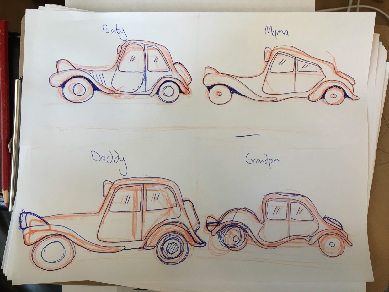 Sketching of baby, momma, daddy, and grandpa vehicles