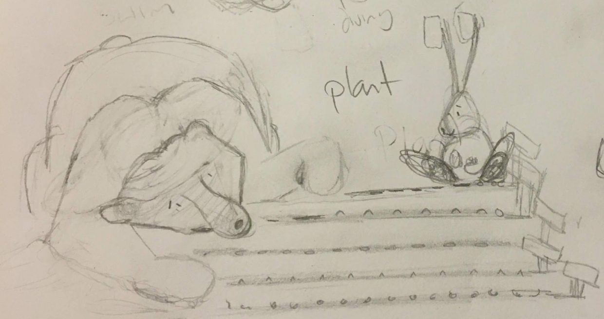 Simple sketch: Bear and Rabbit plant a garden.