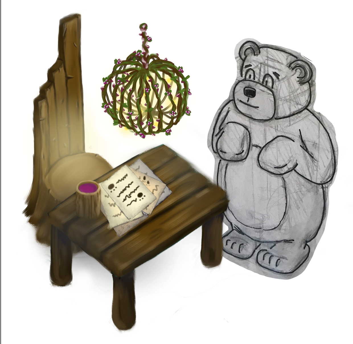 sketch of a bear next to finished woodland furniture props
