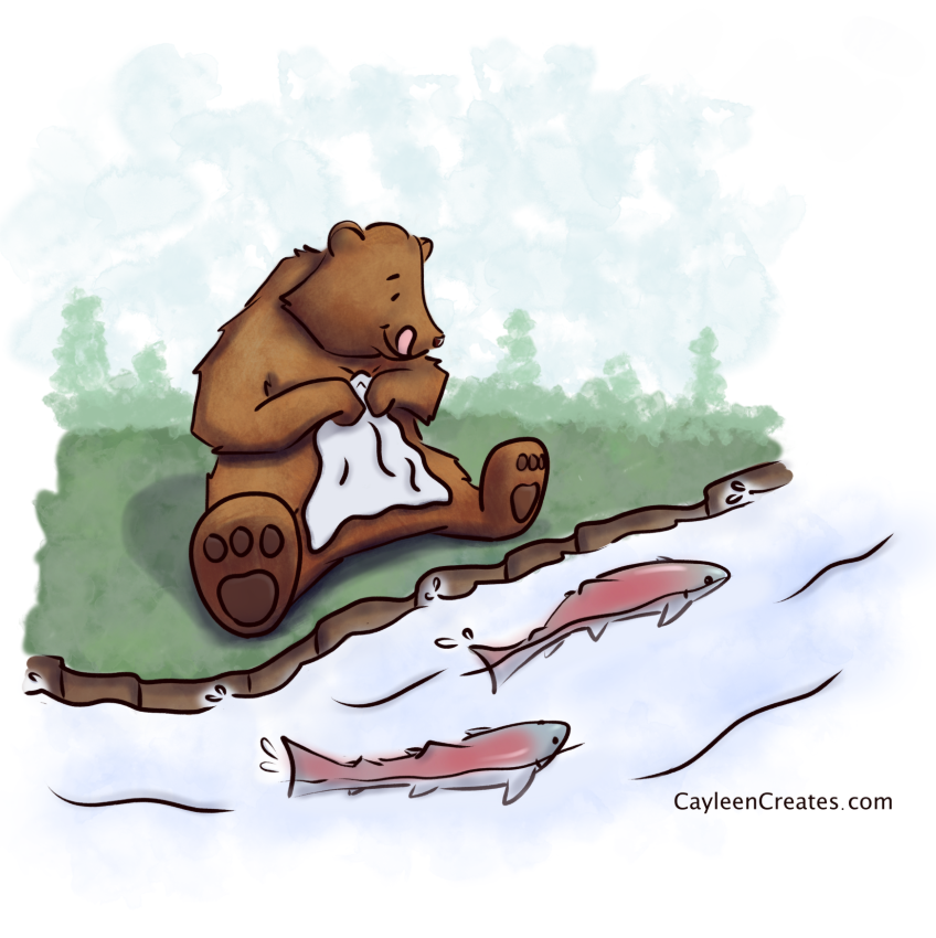 Bear sits down to a picnic of salmon at the side of a river