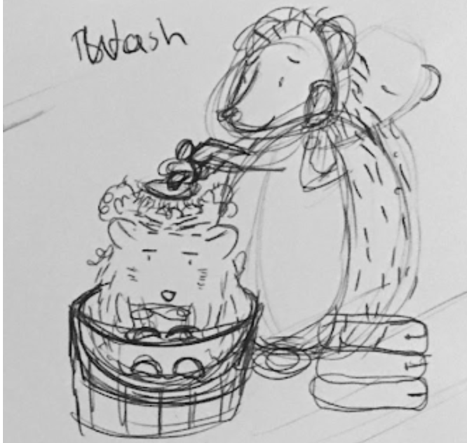 sketch of hedgehog getting a bath