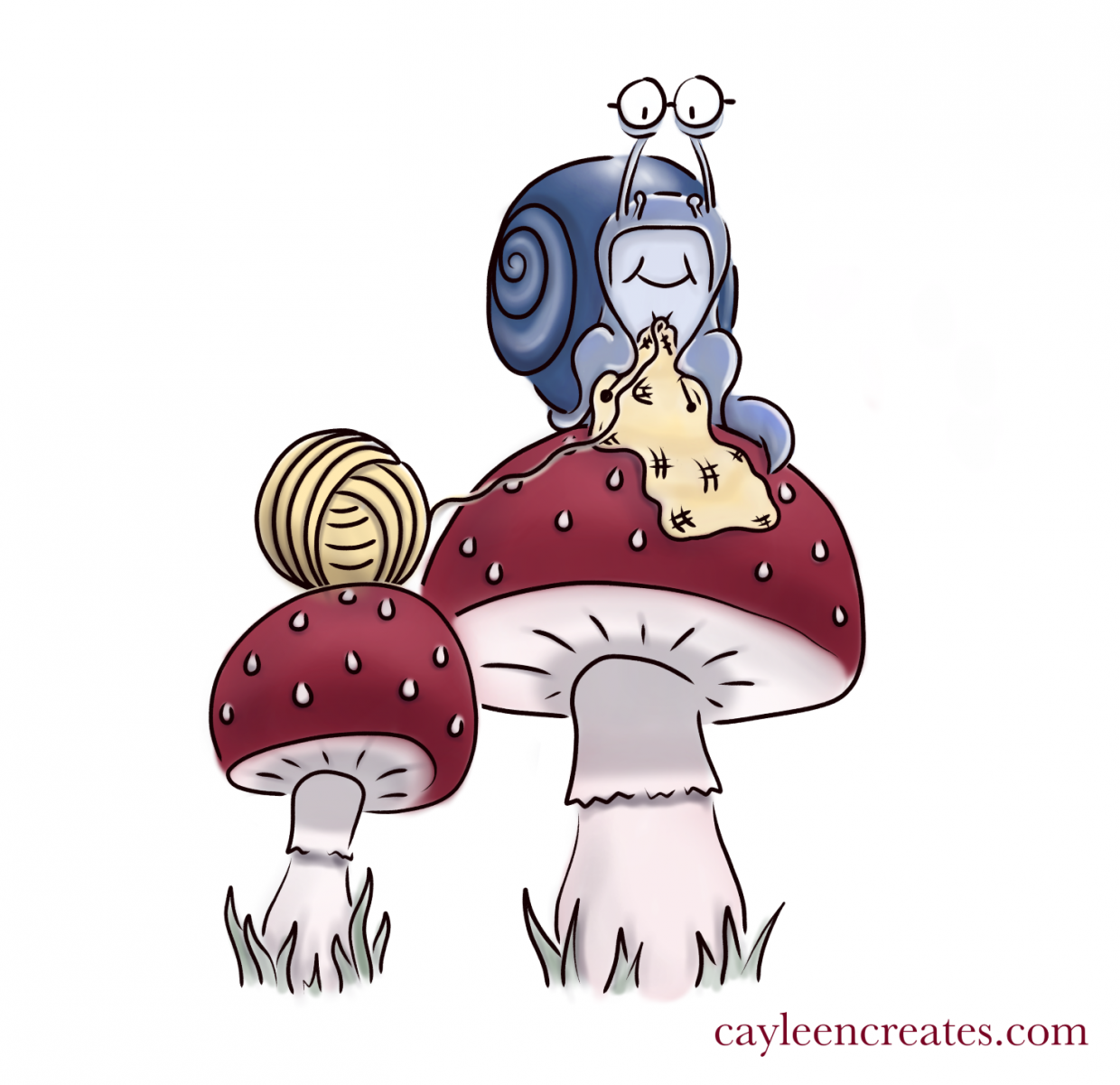 snail knitting on a toadstool