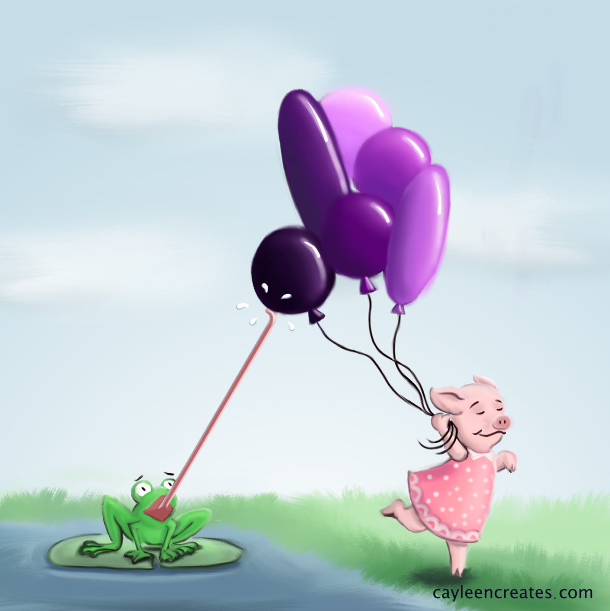 regretful frog happy pig and purple balloon