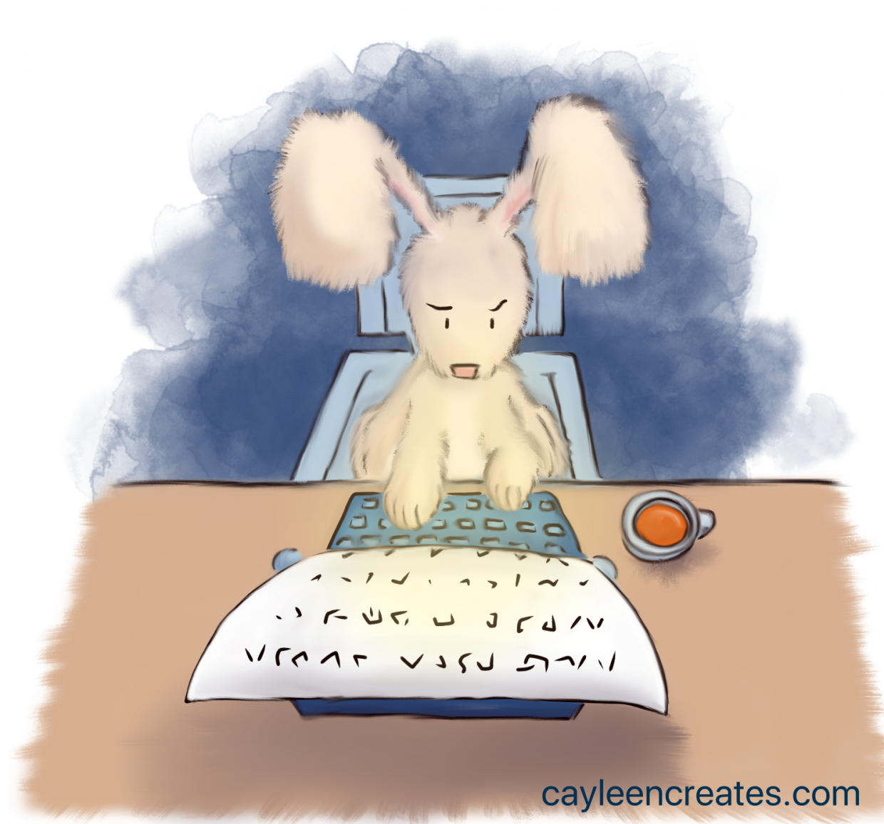 bunny rabbit drinking carrot juice and typing on a typewriter