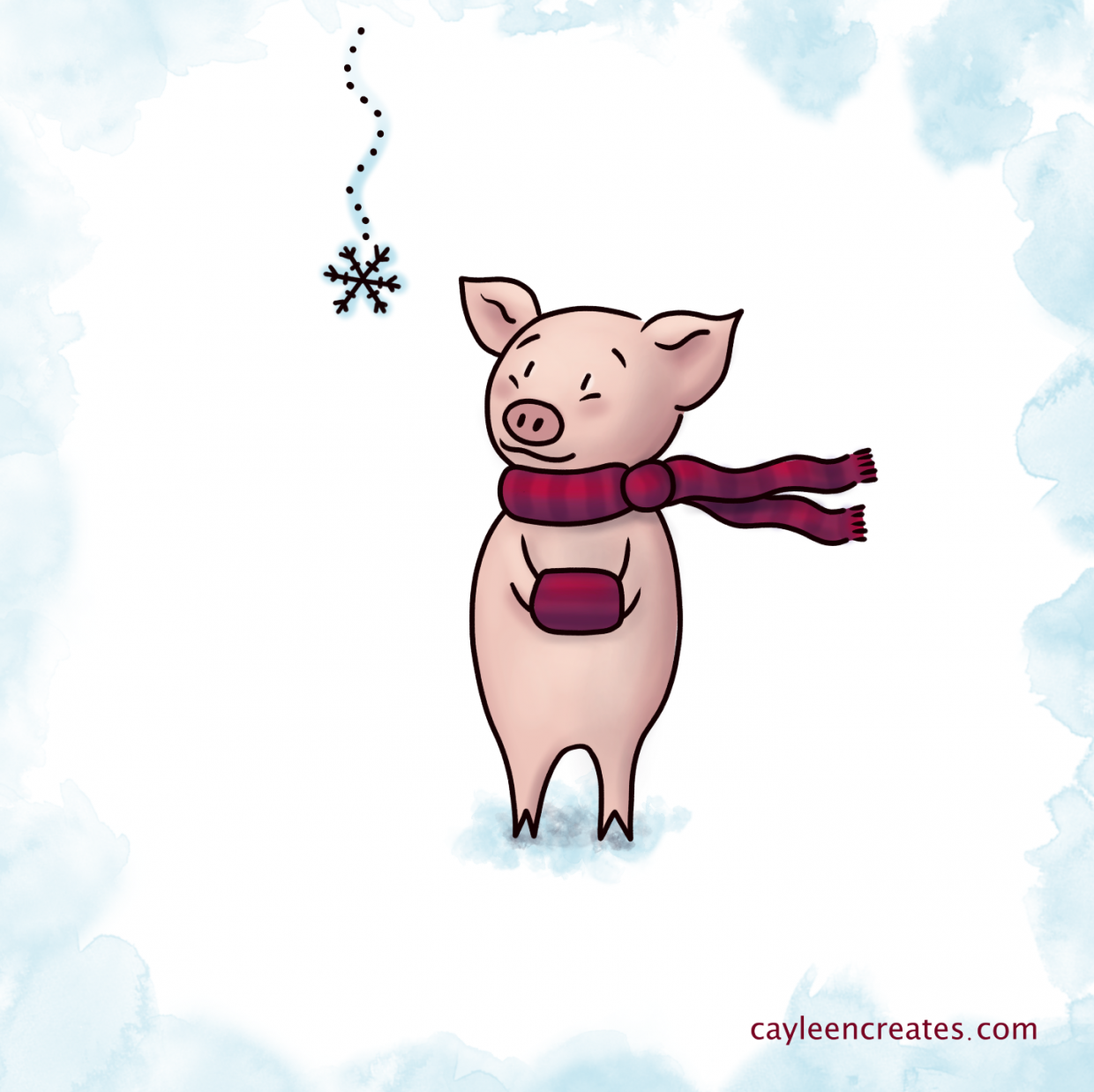 a pig in snow sweetly watching a snowflake