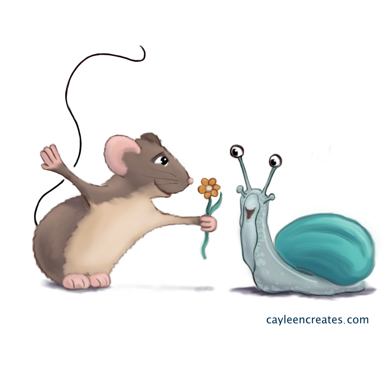 mouse giving snail a flower