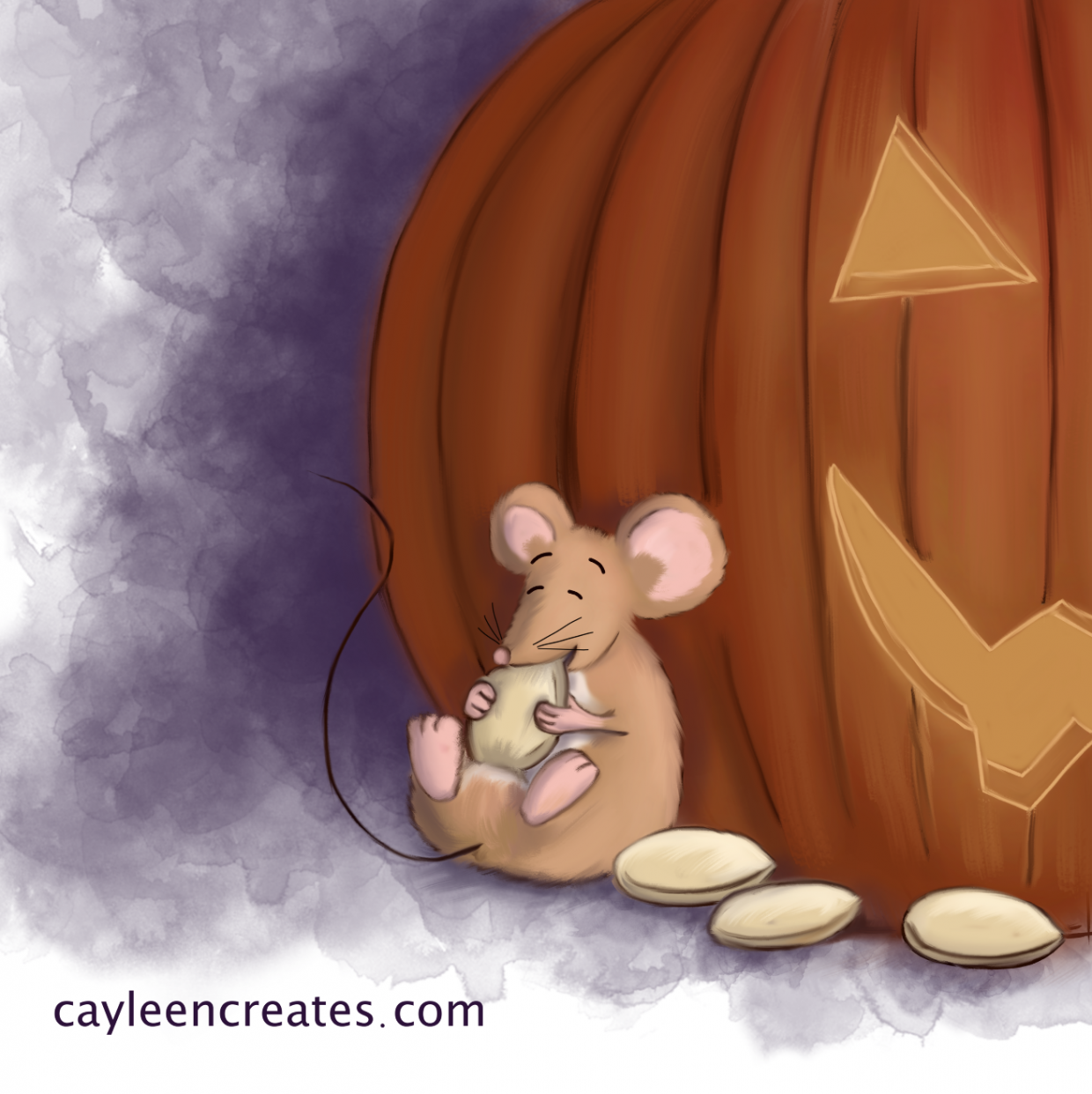 mouse nibbling pumpkin seed beside a jack-o-lantern