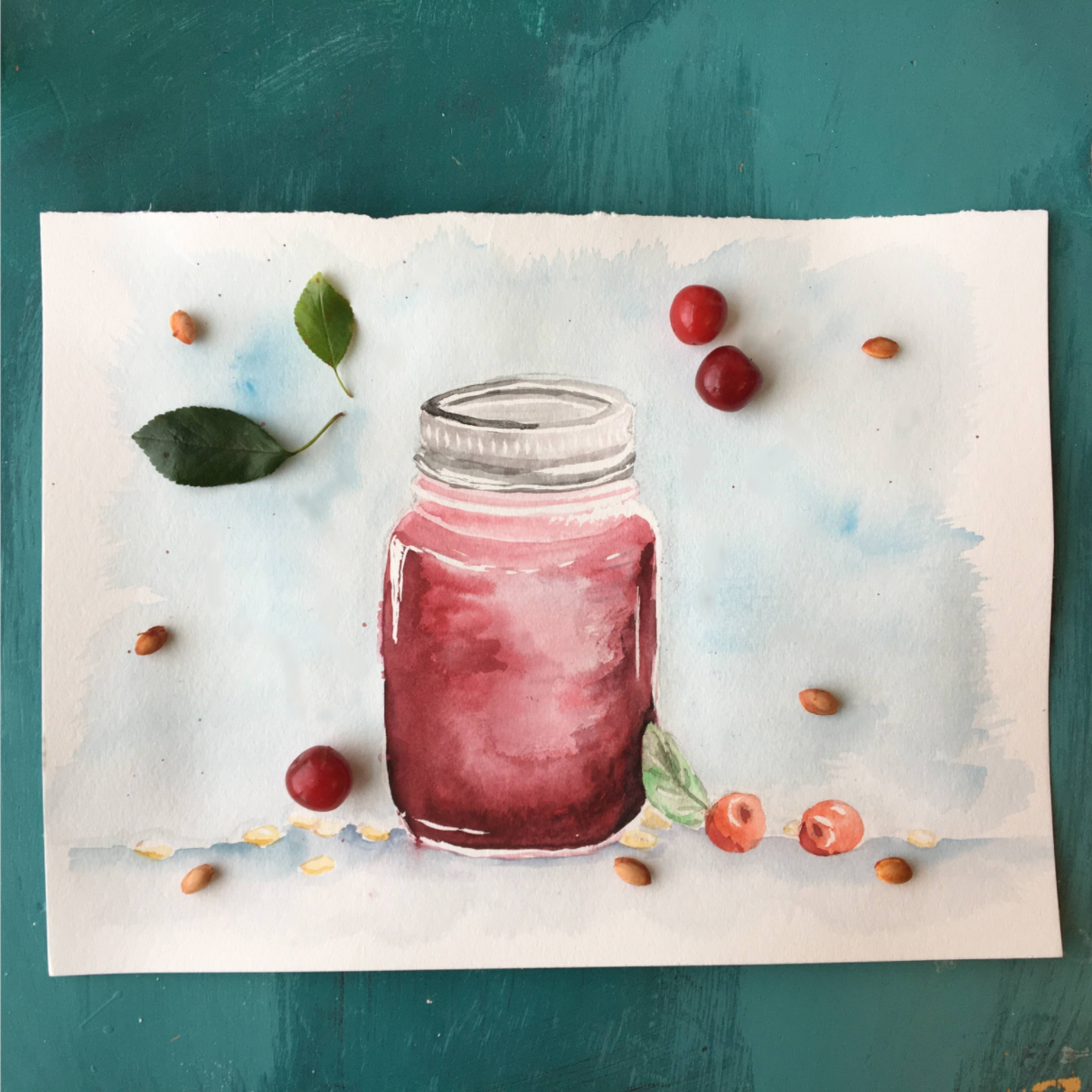 Jar of cherry jelly in water color colour