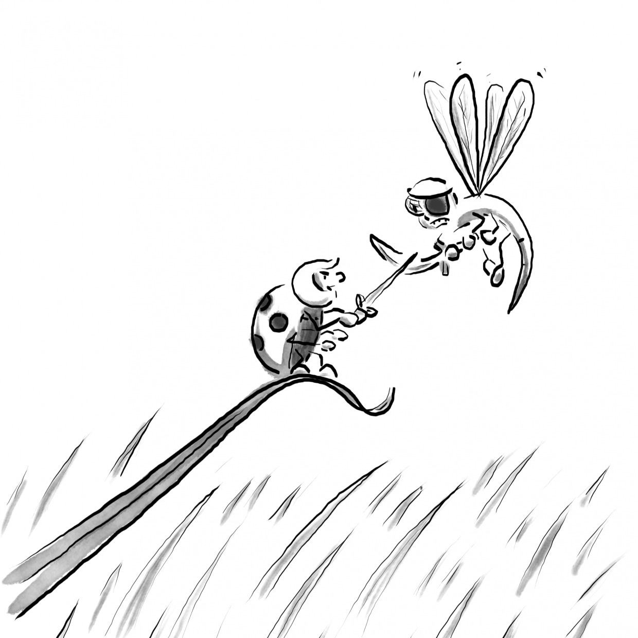 ladybug knight fighting dragonfly on a blade of grass