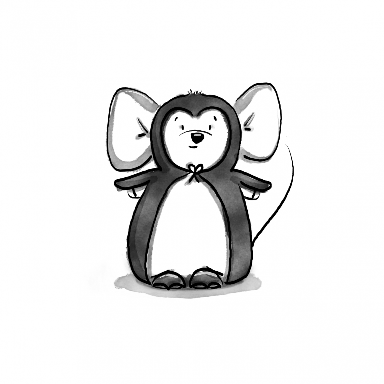 black and white mouse dressed as a penguin