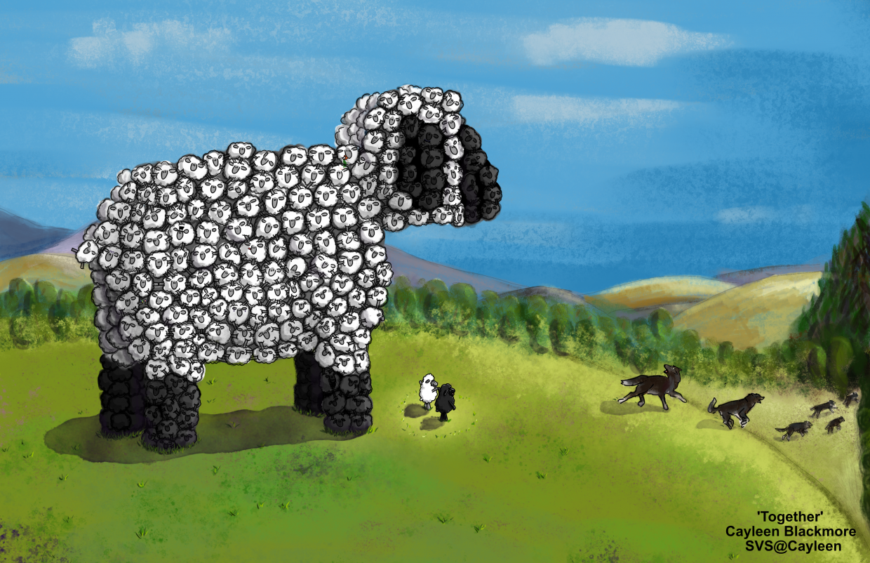 sheep stacked up to make a giant sheep