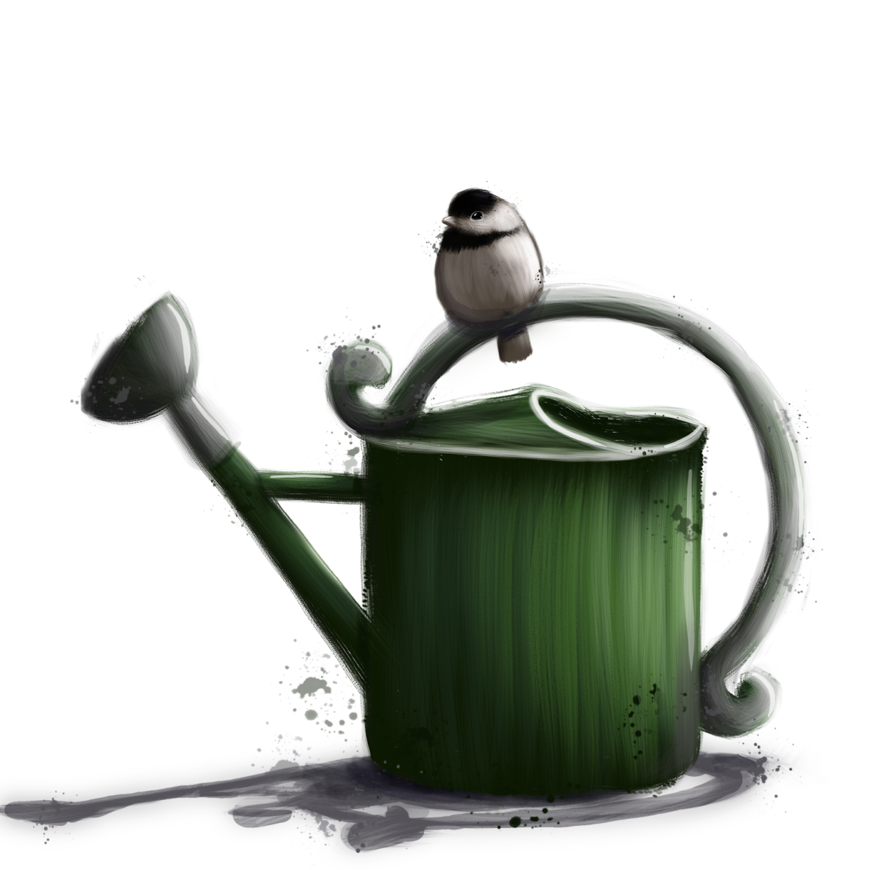 chickadee on a green watering can