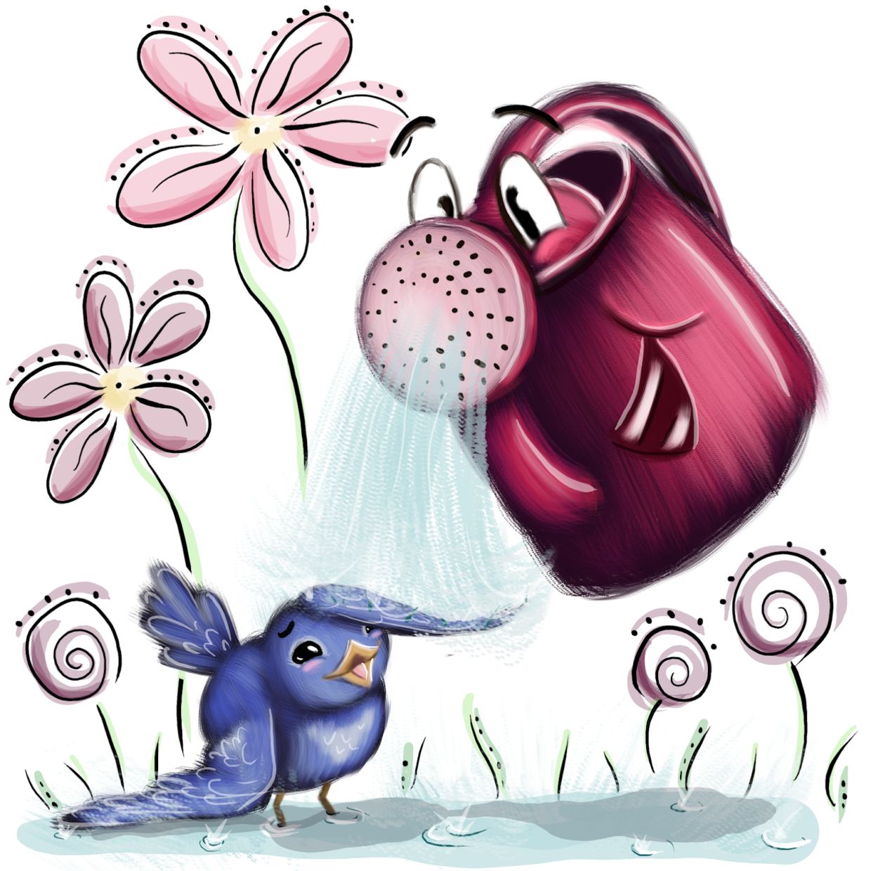 Blue bird splashing in the water of a pink watering can